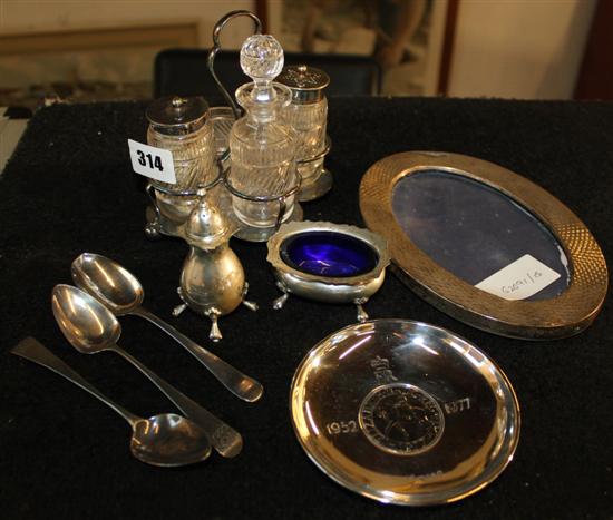 Small silver- dish, 3 spoons and 2 cruets, and a photo frame